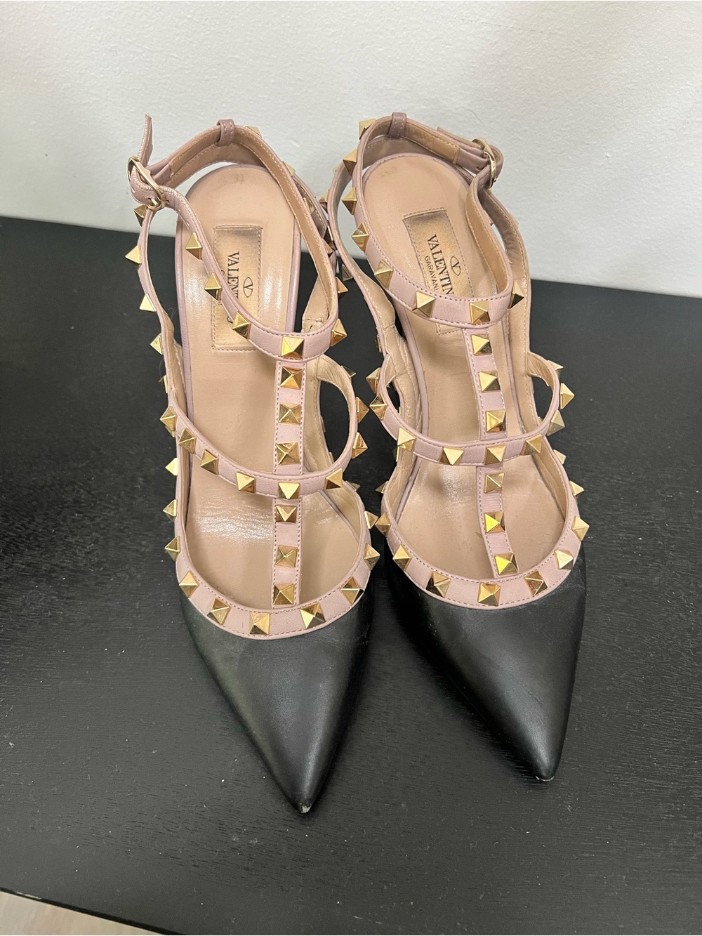 Valentino Rockstud Pointed-Toe Heels in Black and Pale Pink - Picture 1 of 7